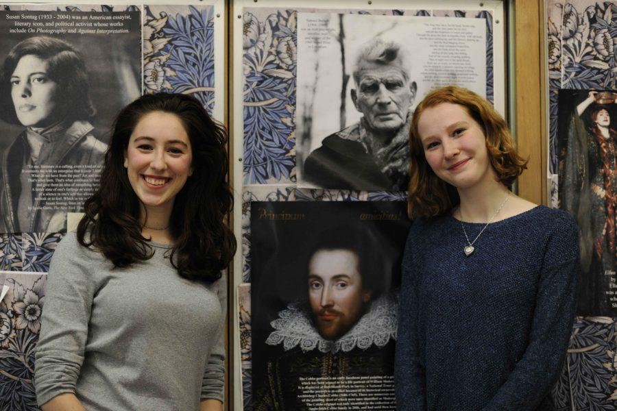 Ava Vercesi ‘19 (runner-up, on left) and Georgia Kester ‘17 (winner, on right), stand in front of a print of the newly discovered Cobbe portrait of William Shakespeare.