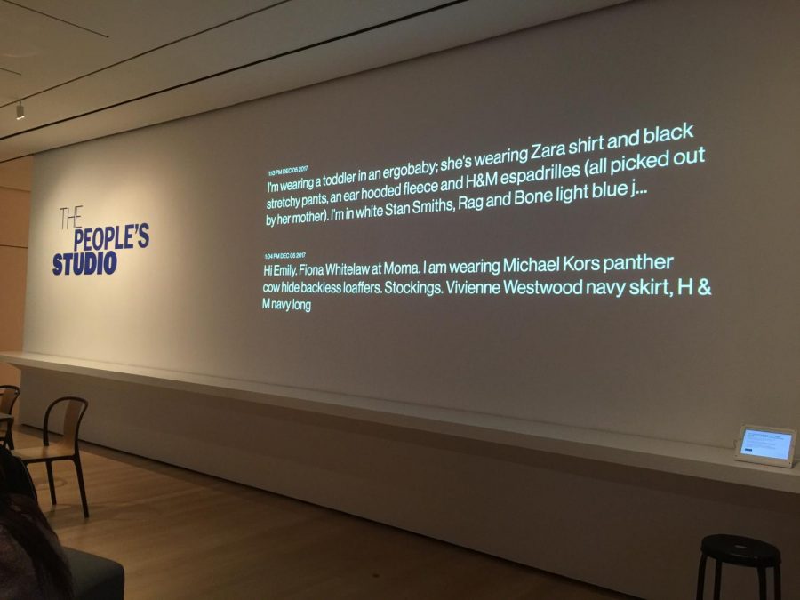The exhibit shows descriptions of outfits worn by patrons at MoMA.
