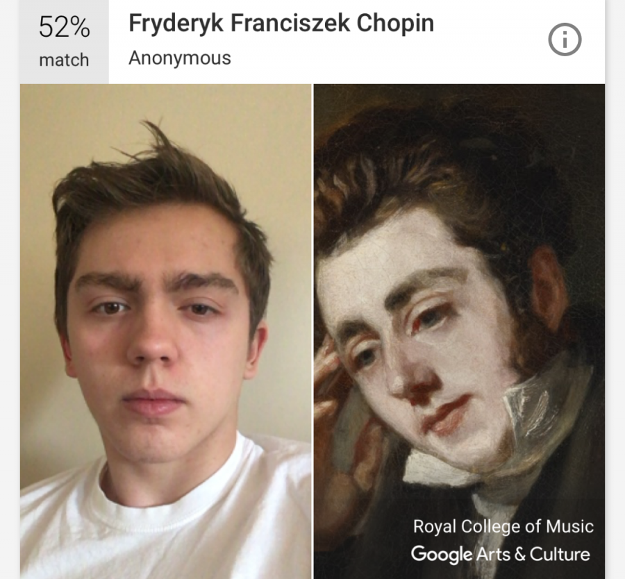 Ethan Paliwoda ’19 was flattered by the comparison between his selfie and a portrait of the Polish composer Chopin, in a portrait by Anonymous.