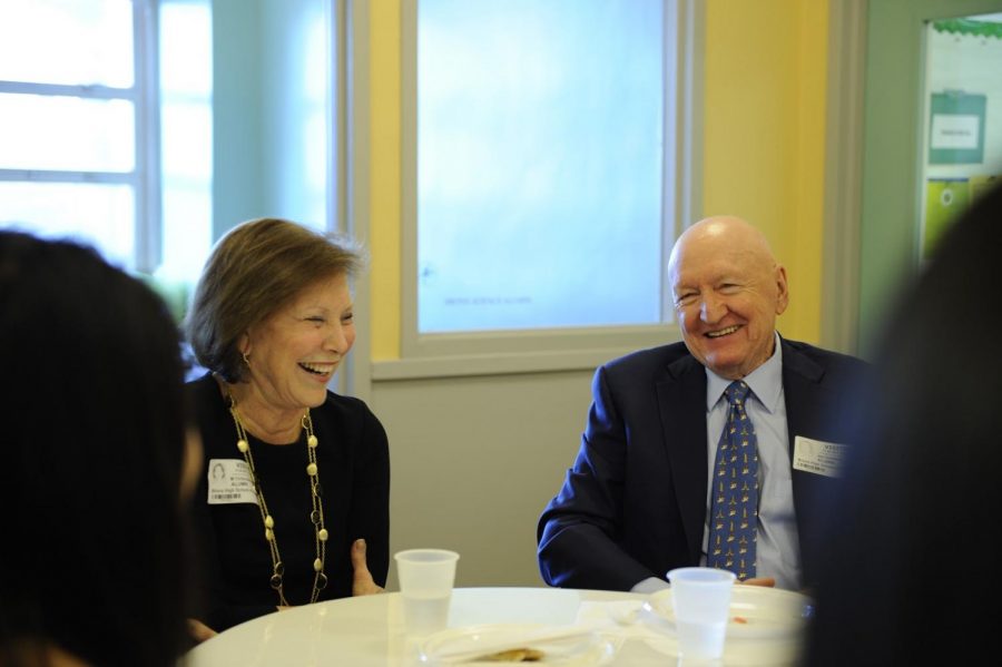 Jay Goldberg '58 and Maqry Cirillo '65 laugh while reflecting on their time attending Bronx Science