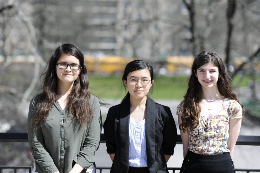Second place winner Michelle Li ’19 (middle) and honorable mentions Julia Gonzales ’19 (left) and Sylvie Koenigsberg ’20 (right). 

