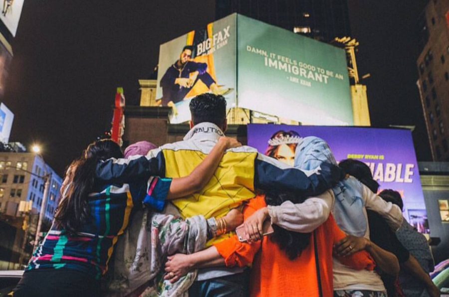 Anik Khan and his loved ones admire his new billboard in Times Square, promoting his new song.