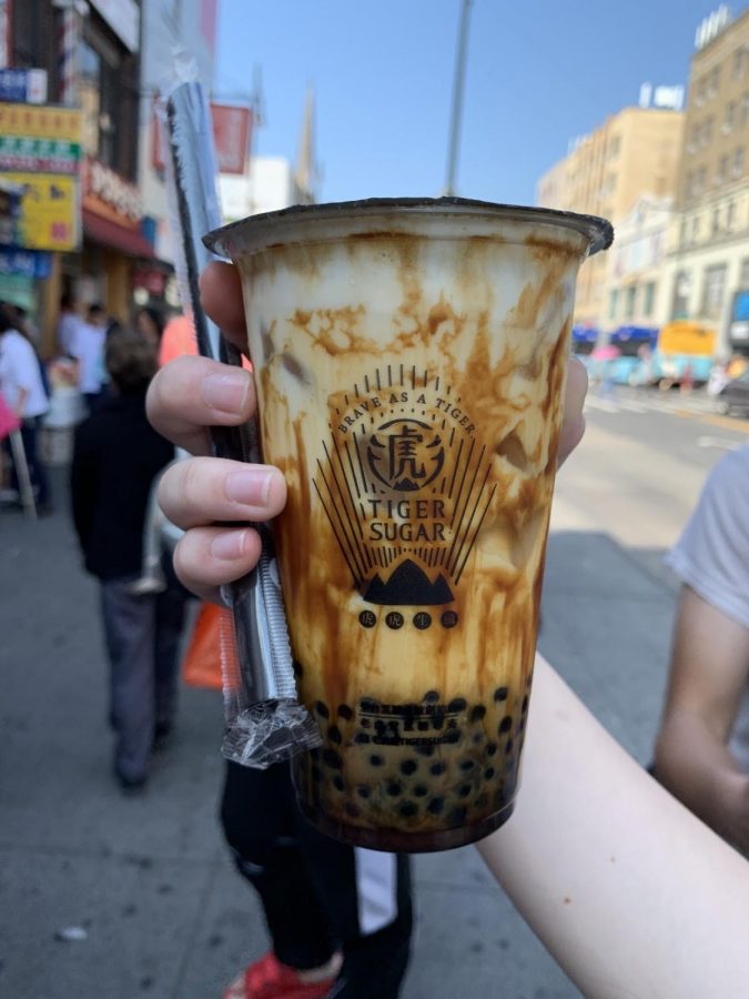 Tiger Sugar’s signature Brown Sugar Drink has stripes of brown sugar running down the sides of the cup, giving the drink that iconic “tiger stripe” look.
