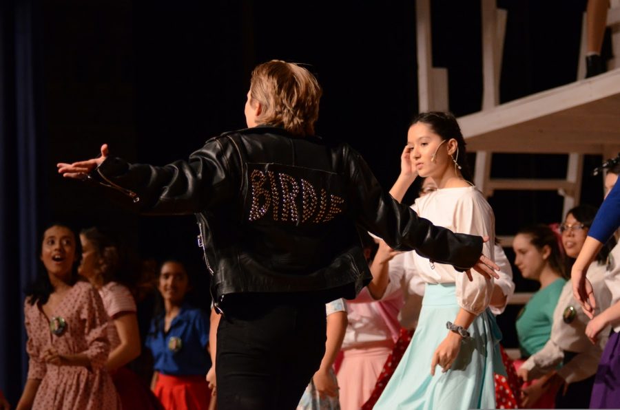 Originally made to critique the rise of Rock ‘N’ Roll, Conrad Birdie, played by Spencer McQuaig ’20 in Cast B, makes both the Birdie Fan Club and audience swoon with a cool-guy attitude, bedazzled costumes, and amazing voice. 
