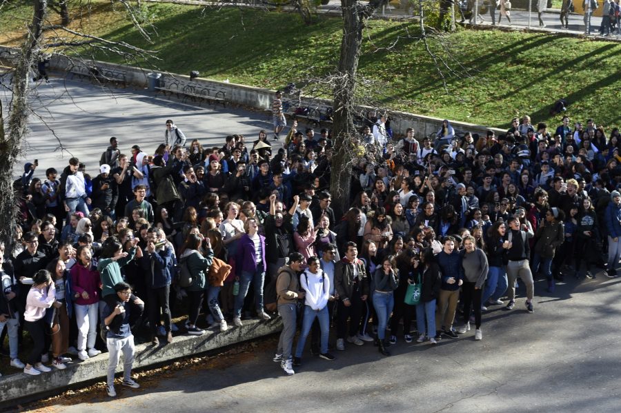Bronx Science Class of 2020 seniors gather around the courtyard on November 1, 2020, the standard date for early college applications, for ‘Senior Scream’ in order to commemorate their efforts together.