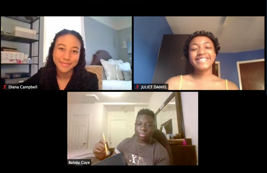 Babou Gaye ’20, Juliet Daniel ’21, and Diana Campbell ’22 meet during a Zoom call. They are all part of the newly formed Anti-Racist Coalition that will be actively working to diversify curricula, to form a Student Diversity Committee and Racial Justice Board, and to work on restorative rather than disciplinary justice.