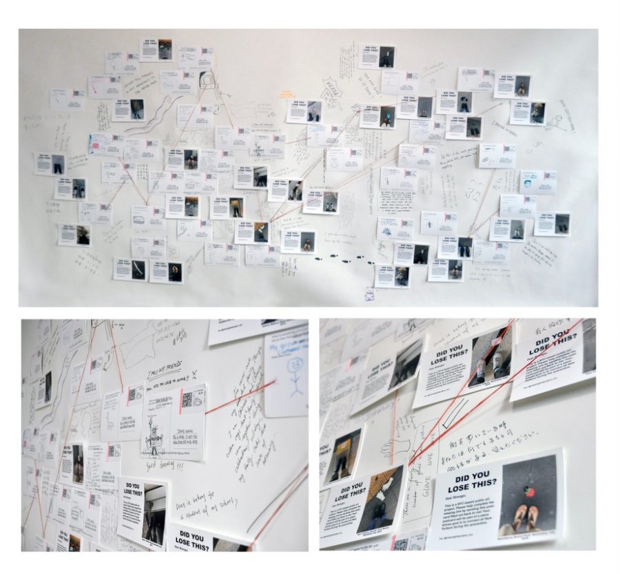 Jiahes final work occupies an entire wall. After receiving 70 responses, she got to work on the final piece, gluing her images to a large sheet of paper and connecting them with doodles and words meant to represent the web of connection that she feels with other New Yorkers and the city.