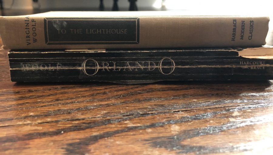 Pictured here are Virginia Woolfs novels, To the Lighthouse and Orlando, the latter of which explores a nobleman who lives for 300 years as both a man and woman. 