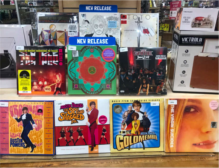 The October 24th, 2020 Record Store Day releases are displayed at the front of Newbury Comics, ranging from special pressings of classic bands like TOTO, The Who, and Boston, to the more off-beat Austin Powers movie soundtracks.
