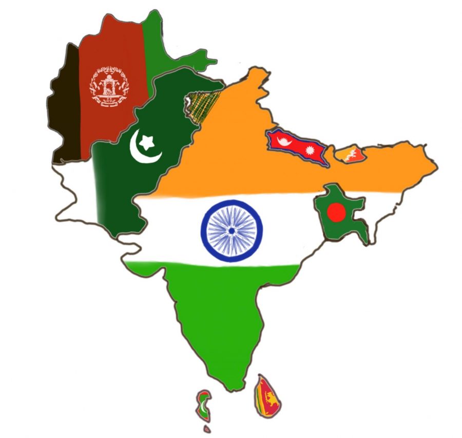 The countries of South Asia are represented on this map by their national colors: Afghanistan, Bangladesh, Bhutan, India, Maldives, Nepal, Pakistan, and Sri Lanka.
