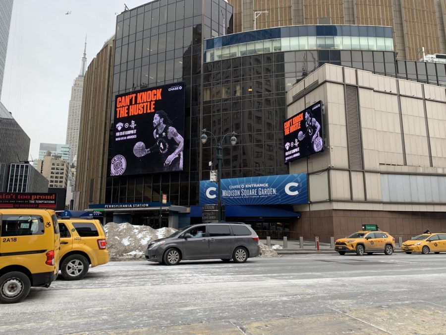 Advertisements outside the Knicks home arena, Madison Square Garden, display the message, “Can’t Knock The Hustle,” a nod to how hard the Knicks have been playing this season. 