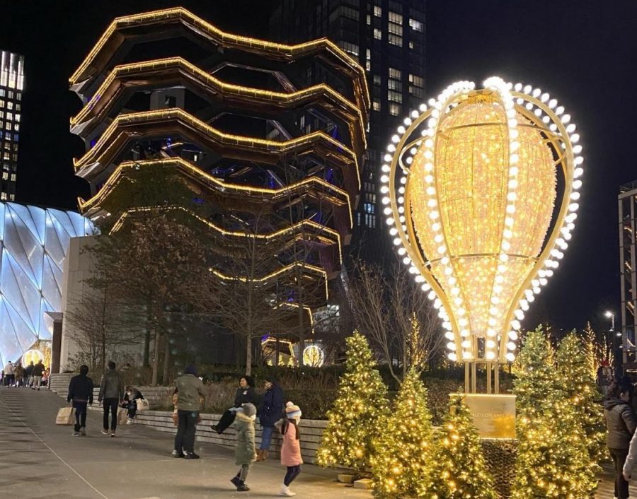 Elma Kabir ’23 tours a popular New York City attraction, The Vessel, at night, in December 2020.