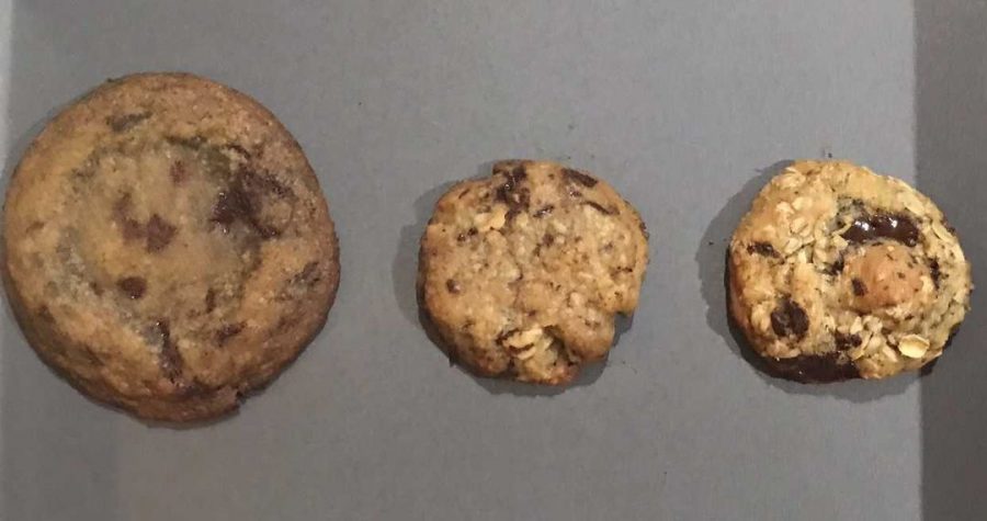 A juxtaposition of all three cookies. 
From left to right: BA’s Best Chocolate Chip Cookie, Sarkozy’s Original Cookie, Preppy Kitchen’s Oatmeal Cookie.