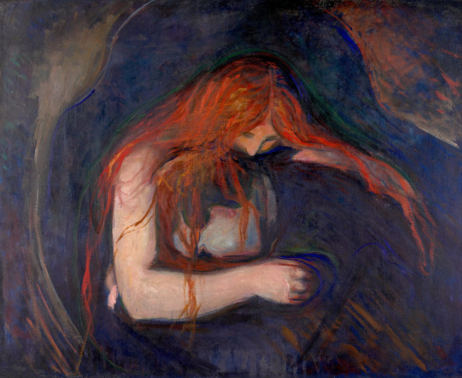 Pictured is the painting Vampire by Edvard Munch, painted in 1895.