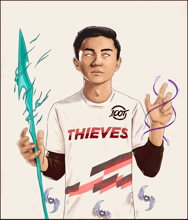 100 Thieves, the first seed of North America represented by FBI (Ian Victor Huang). The spectral spear represents Kalista while the dual sided blades at the bottom represent Aphelios.