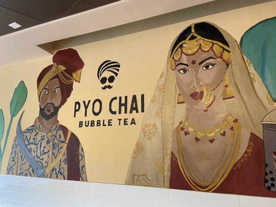This mural, created by Mohuya Khan, depicting a South Asian man and women, often appears in social media posts for PYO Chai.
