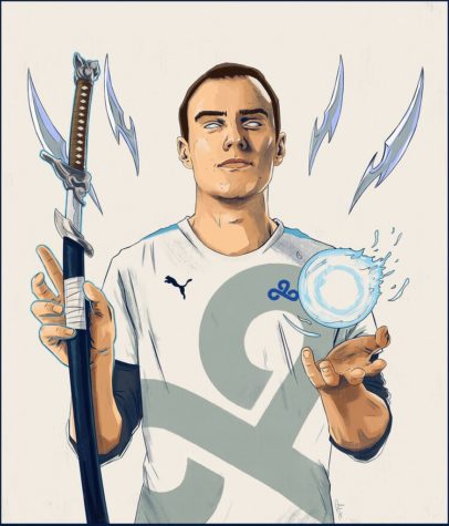 Cloud9, the third seed of North America represented by Perkz (Luka Perković). The sword represents Yasuo, the blades behind him represent Irelia and the spectral orb in his right hand represents Ahri. 