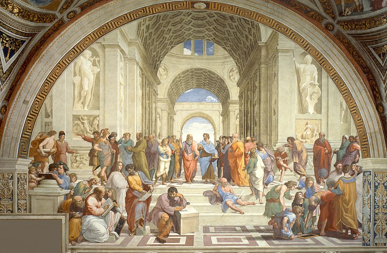 Painted in 1510, the fresco of The School of Athens covers one of four walls in the Apostolic Palace library in the Vatican.    