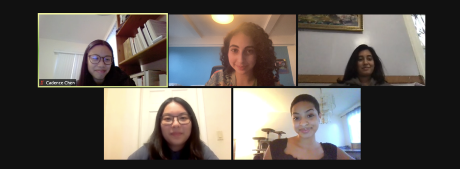 Some of the Editors-in-Chief of the 2020-2021 ‘The Science Survey’ collaborate during a Zoom meeting after school. Pictured from left to right, top to bottom, are Cadence Chen ’22, Maggie Schneider ’22, Arianne Browne ’22, Jillian Chong ’22 and Victoria Diaz ’22 (Not pictured: Saamiya Ahmed ’22 and Declan Hilfers ’22).