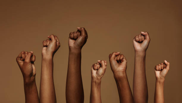 A cropped photo of hands raised with closed fists symbolizes the BLM protest movement.