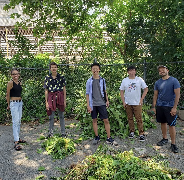 Last summer, Theo Lee 22 (center) and other Gardening Club members made several trips to Bronx Science to start weeding and cleaning out the school’s garden. 