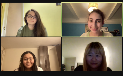 Some of the Editors-in-Chief of the 2021-2022 ‘The Science Survey’ review student-submitted questions in a Zoom meeting after school (Pictured from left to right, top to bottom, are Sophie Livingston ’22, Maggie Schneider ’22, Carolyn Chui ’22 and Melanie Lin ’22 (Not pictured: Victoria Diaz ’22, Arianne Browne ’22 and Dorothea Dwomoh ’22).