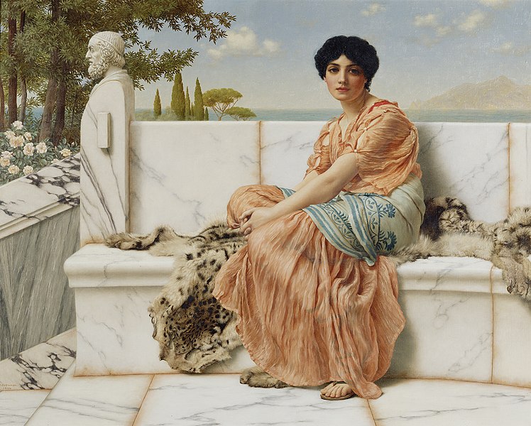 Sappho, often considered the tenth muse, was thought of by many scholars to be one of the best lyrical poets of her time. (In the Days of Sappho, by John William Godward) 

