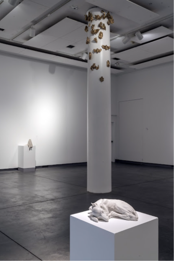 Contemporary art often calls for contemporary design choices.As the curator for the ICA’s “Confabulations of Millennia,” Richard Saja experimented with placement for sculptural art like Julia Whitney Barnes’s Gilded Phytophilic bats. 
