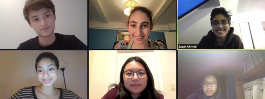 Some of the Editors-in-Chief of the 2021-2022 ‘The Science Survey’ collaborate during a Zoom meeting after school. Pictured from left to right, top to bottom, are Declan Hilfers ’22, Maggie Schneider ’22, Saam Ahmed ’22, Victoria Diaz ’22, Jillian Chong ’22 and Cadence Chen ’22 (Not pictured: Melanie Lin ’22).