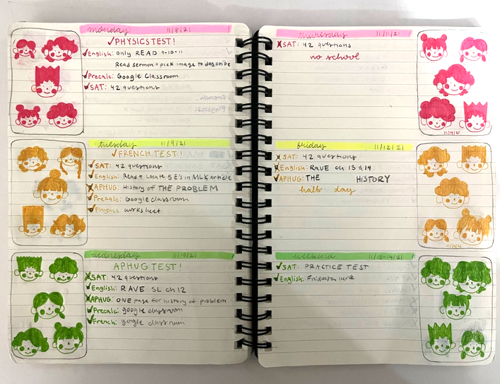 Here is a spread from the bullet journal of Mysha Rahman ’23, detailing the week’s to-do list. 