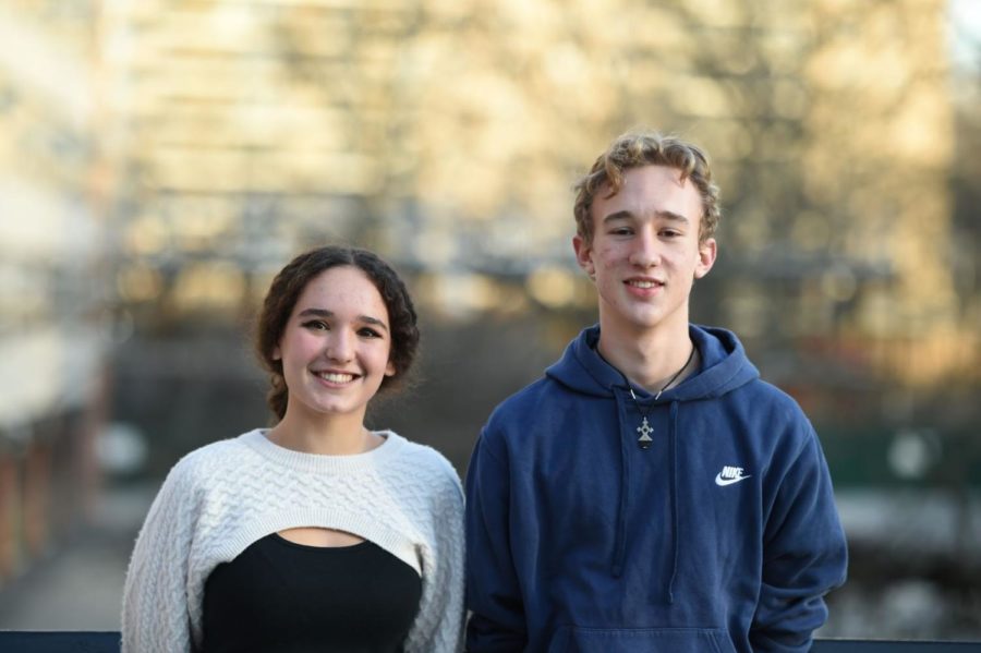 Andrew Edelmann ’22 (winner, on right) and Nava Litt '25 (runner up, on left), winners of the 2022 English Speaking Union’s Thirty-Ninth Annual Shakespeare Competition for Bronx Science. Edelman went on to win 3rd Place at the English Speaking Union's New York City Branch Competition. 
