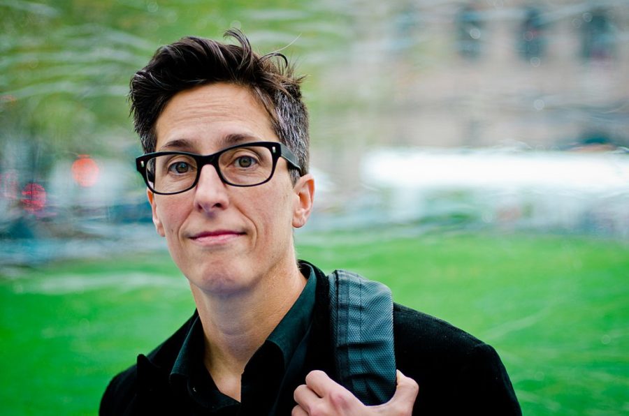 Here is Alison Bechdel, in a photograph at the Boston Book Festival in 2011, where she spoke on a panel about graphic novels. Her first graphic novel, Fun Home: A Family Tragicomic, spent two weeks on The New York Times bestseller list. 