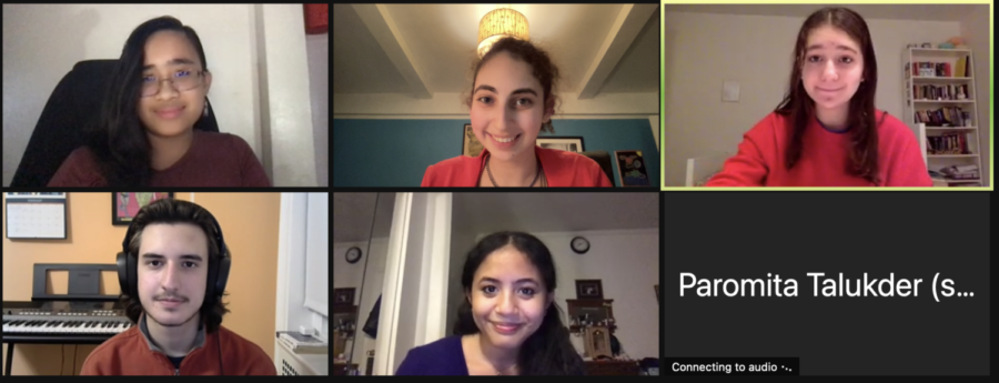 Some of the Copy Chiefs of the 2021-2022 ‘Science Survey’ collaborate during a Zoom meeting after school. Pictured from left to right, top to bottom, are Katrina Tablang ’23, Maggie Schneider ’22, Katia Anastas ’23, Benjamin Fishbein ’22, Marian Caballo ’22 and Paromita Talukder ’22 (Not pictured: Sarah Derkach ’22).