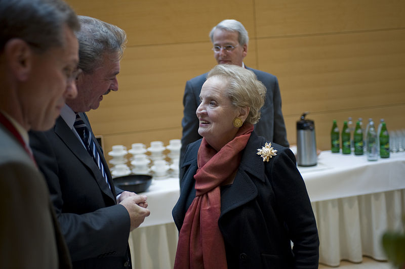 Madeleine Albright at a NATO meeting in Luxembourg to outline the alliance’s fundamental security tasks involving adapting deterrence to 21st century modes of warfare and military technology. 
