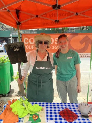 Karen (left) and Catherine, the GrowNYC compost workers. They spent their day organizing the compost toters and handing information about composting to patrons of the Greenmarket.
