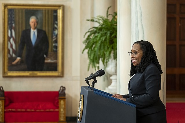 Ketanji Brown Jackson proudly makes a speech at the White House. 