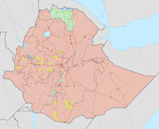 Here is a map illustrating the current state of the Tigray War as of February 2022, when a humanitarian ceasefire was signed by the belligerents. Blue represents Eritrean forces, red represents Ethiopian national forces, yellow represents Oromo forces, and green represents Tigray forces.