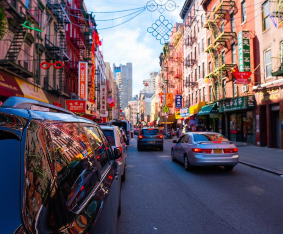 The problem of drivers using fake license plates has surged in New York City during the Coronavirus pandemic. Pictured is a street scene in Manhattans Chinatown district. 