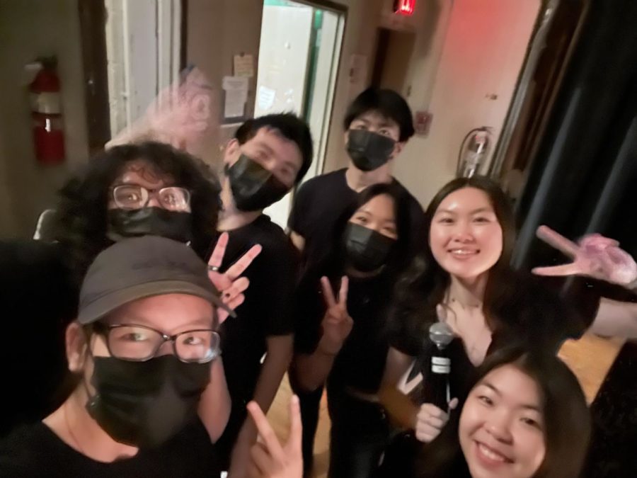 From left to right are Yvonne Fong (Art Director), Tasfia Rahaman (Stage Assistants), Kevin Liu (Member of Props), Jeffrey Wang (Stage Assistants), Madison Lee (Member of Sounds), Grace Lim ‘22 (Director), and Abigail Choi ‘23 (Assistant Director). This picture was taken just before the bows after the end of the performance starts.