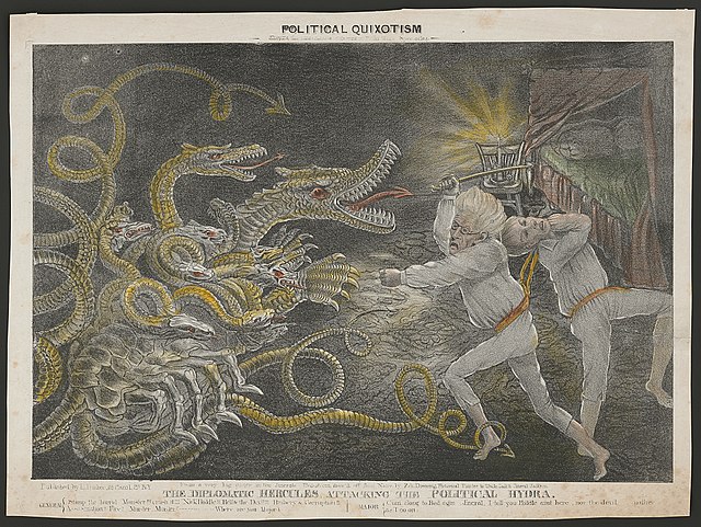 Andrew Jackson fought an overzealous U.S. banking industry, culminating in his final stand against federalism. Here, he is depicted in a contemporary illustration, as having a nightmare and fighting a hydra representing U.S. banks.