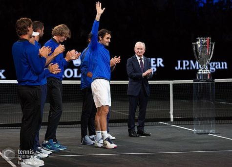 After winning the inaugural Laver Cup in 2017, Federer graciously accepts the trophy. In 2022, he would retire at that very same event, alongside rivals and friends.