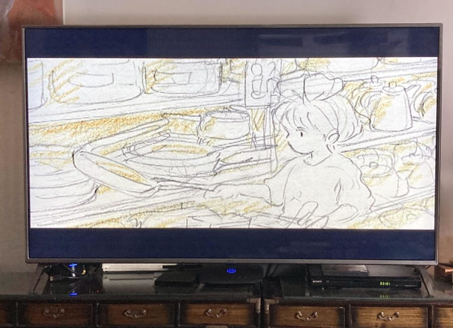 The 1990s movie Kiki’s Delivery Service includes the entire storyboard of the movie in graphite and green-colored pencil. 
