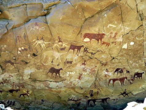 Early cave paintings focused on subjects such as humans and animals. Artists used their fingers as brushes or made tools from stone, animal bones, and blow pipes.