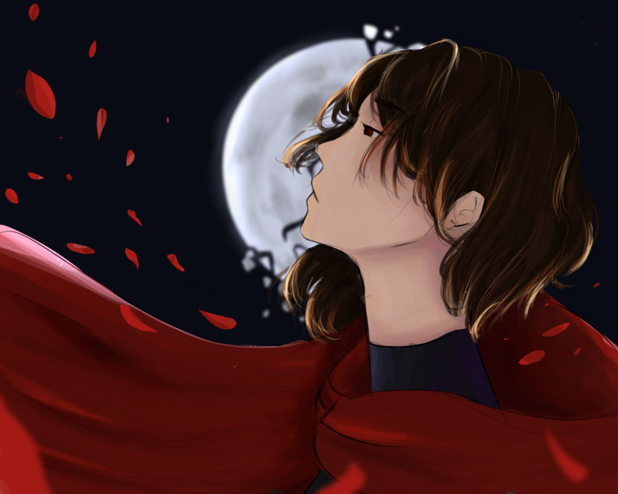 Here is a work of art that I created of Ruby Rose, one of the main protagonists of RWBY, surrounded by rose petals.