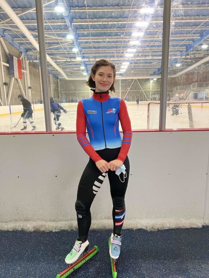  Stahl is photographed at the World Ice Arena in her Flushing Meadows Speed Skating Club suit. 