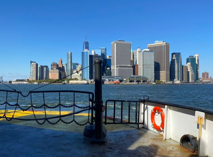 Here is the view from the front of the ferry as it exits the Governors Island port. A pristine Manhattan skyline is in full view. 
