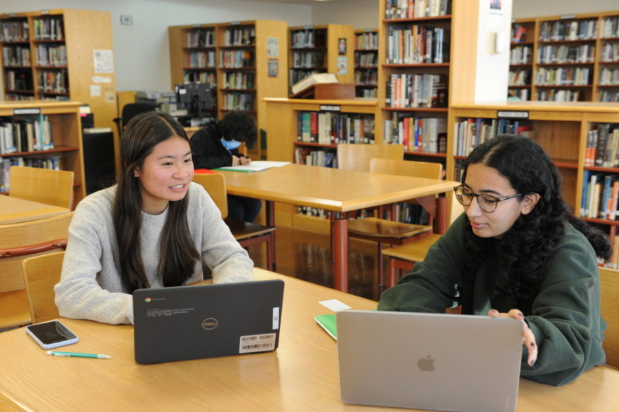The Bronx Science library is where most students will study during free periods for their Uniform MidYear Exams. Here, two Bronx Science students review course material together. 
