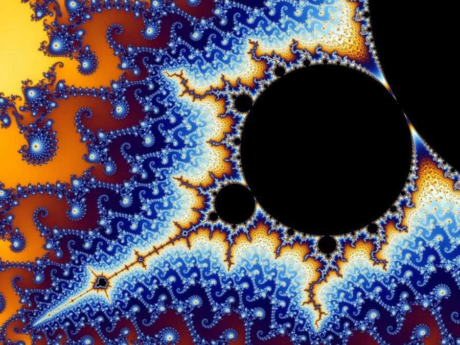 Notice that this bulb-like formation scatters the Mandelbrot set at all levels. It appears like the edge of a black hole ready to subsume its surroundings.