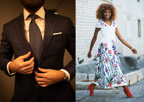 Pictured here is a comparison between two outfits, the formal suit and tie on the left portraying masculinity, and the dress and heels on the right depicting femininity. 