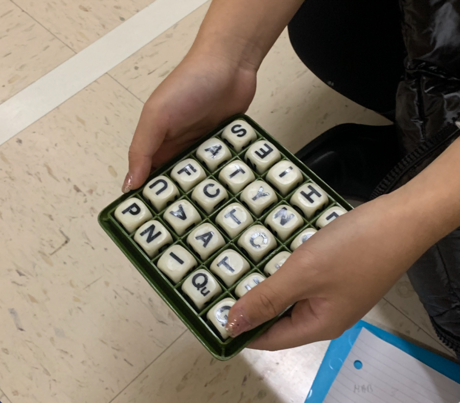 This board is used to play Boggle, a word game similar to Word Hunt on Game Pigeon. My friends and I will occasionally stay after school to play and destress after a long week of testing. 